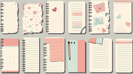 Various papers and notes doodle set. Collection of hand drawn pieces and pages of paper notes with reminders and information isolated on transparent background. Illustration of notebooks in rows