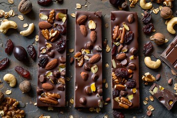 Aufkleber - A chocolate bar topped with nuts and chocolate on a wooden table. Generative AI