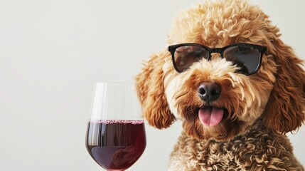 Canvas Print - great brown golden doodle wearing sunglasses and holding a glass of red wine, wagging it's tongue, happy expression, modern minimalist white decor banner