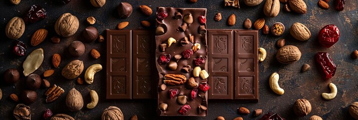 Poster - A chocolate bar covered in nuts and cranberries, showcasing rich textures and natural ingredients. Generative AI