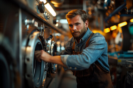 A person repairing a broken appliance instead of replacing it, advocating for a culture of repair and longevity.In a laundromat, a man is busy fixing a washing machine