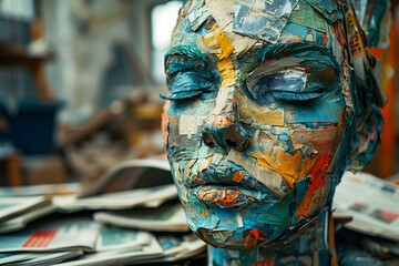 An artist using discarded newspapers to create papier-mâché sculptures, promoting creative reuse.A colorful statue of a womans face sits on newspapers