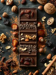 Aufkleber - A chocolate bar surrounded by an assortment of nuts and dried fruits, showcasing rich textures and natural ingredients. Generative AI