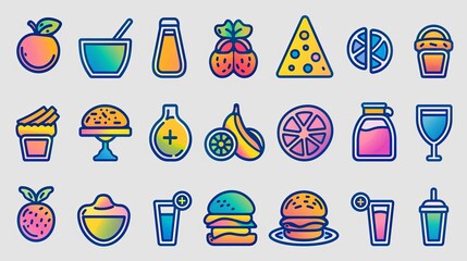 Poster - Vibrant and modern outline icons set of food items, designed with hyper detail and presented in a frosted glass style, perfect for adding visual interest to user interfaces, apps