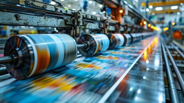 High-speed printing press creating vibrant prints, showcasing the power of modern industrial printing technology