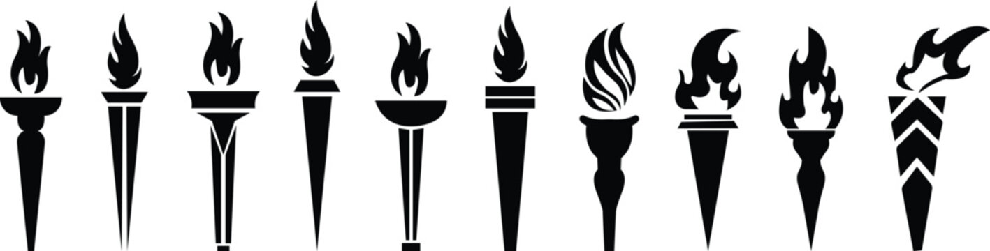 torch and flame icons set in flat, burning torch, isolated on transparent background symbol of victo