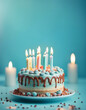 © abu - Delicious birthday cake with candles on light blue background