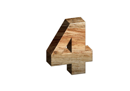 3d Wood Numbers, Alphabet Number Four made of wood material, high-resolution image of 3d font, ready to use for graphic design purposes
