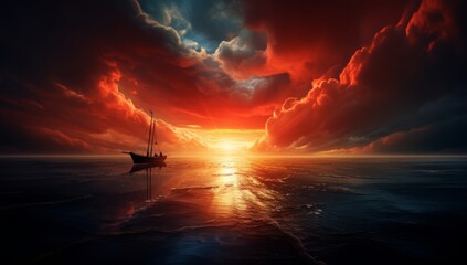 Sticker - Red Skies, Solitary Seas A Boat's Journey
