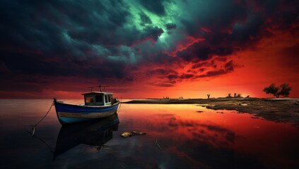 Wall Mural - Sailing in Silence Beneath the Red Sky