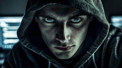 In the background are computers and a hoodie wearing hacker