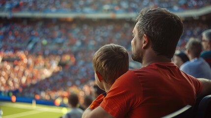 Wall Mural - Father and son sit on the stands and watch football game