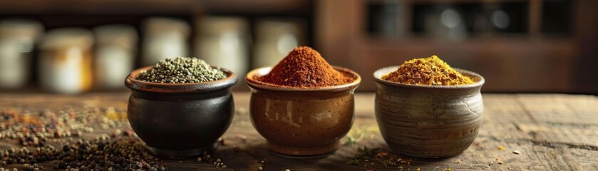 Wall Mural - An elegant, dimly lit shot of a spice collection in vintage cups on a cozy kitchen counter, the warm ambient light enhancing the rustic feel, panoramic negative space above for min