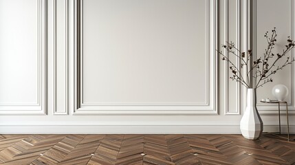 Wall Mural - White classic wall background, brown parquet floor, home furniture. Generative Ai