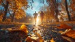 © familymedia - Two people are seen from behind jogging on a path covered with fallen leaves in a park during autumn The low sun creates a warm glow and long shadows