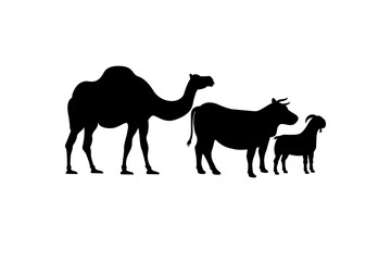 Poster - Cow, camel, and goat silhouettes for farm stock design. Eid al-Adha sacrifice animal silhouette vector illustration