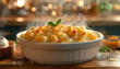 © Pakkarada - Steaming hot baked macaroni and cheese in a white casserole dish, garnished with fresh herbs. Cozy kitchen ambiance in the background.