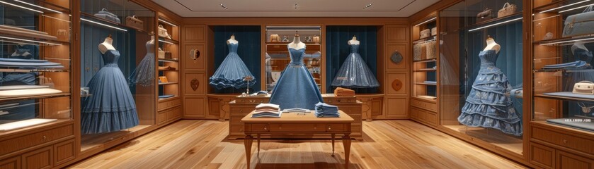 Elegant fashion designer s workspace with sophisticated blue dresses on display, designed for a documentary on textile art