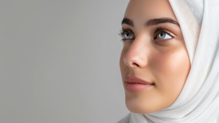 Muslim female with a bright, healthy face, wearing a white headscarf and looking to the side