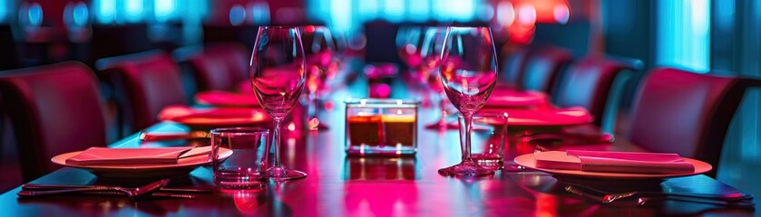 Wall Mural - An elegant, dimly lit shot of a table set for a formal dinner, featuring fine china bowls of vegetable cream soup, the warm ambient light inviting, panoramic negative space above f