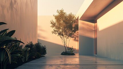 Wall Mural - A minimalist house with a courtyard entrance, its smooth, white stucco exterior bathed in the cool light of a pre-dawn sky. 