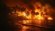 © atipong - Tropical Island Fire at Night: Smoke, Palm Trees, Beach, Water