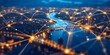 © mozZz - Abstract smart city lights by night, river bridge, network connectivity, technology, telecommunications