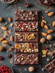 Aufkleber - High-detail chocolate bar with nuts and cranberries, creating a rich texture and appetizing appearance. Generative AI