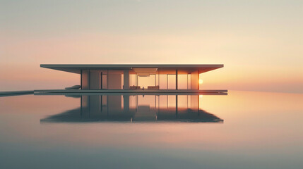 Wall Mural - A sleek minimalist house with a flat roof and large, floor-to-ceiling windows reflecting the sunset 