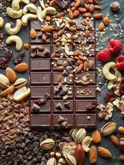 Aufkleber - A chocolate bar rich in detail surrounded by a variety of nuts and dried berries, creating a natural and appetizing display. Generative AI