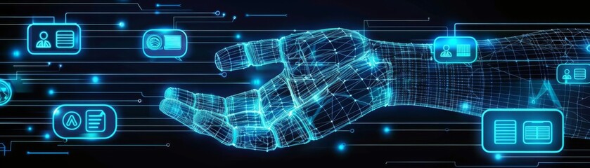 Digital dialogue concept with a wireframe hand, neon blue speech bubbles and icons, representing modern communication technology