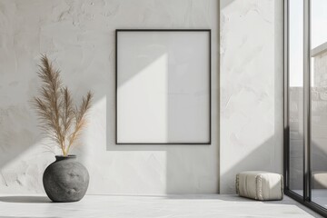 Poster - Blank picture frame mockup on wall in modern interior. Artwork template mock up in interior design with trendy vase.