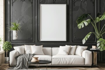 Poster - Blank picture frame mockup on wall in modern interior. Artwork template mock up in interior design with trendy vase.