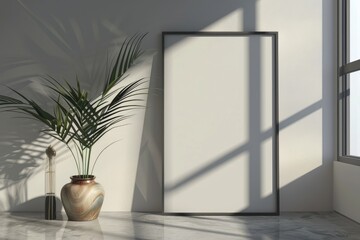 Poster - Blank picture frame mockup on wall in modern interior. Artwork template mock up in interior design with trendy vase.