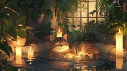 Poster - A chubby cat relaxing in a shallow pool of water in a spa-like setting, surrounded by candles and plants.