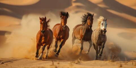 Wall Mural - group of horses running gallop in the desert.