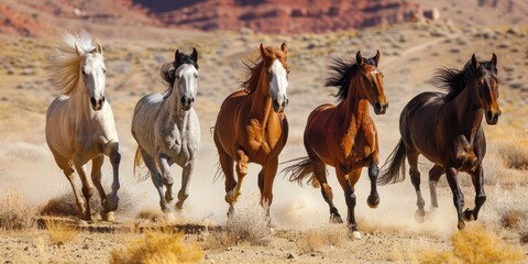 Wall Mural - group of horses running gallop in the desert.