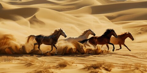 Wall Mural - group of horses running gallop in the desert.