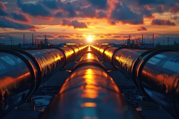 Fototapete - Large oil pipeline and gas pipeline in the process of oil refining and the movement of oil and gas. Petrochemical industry site