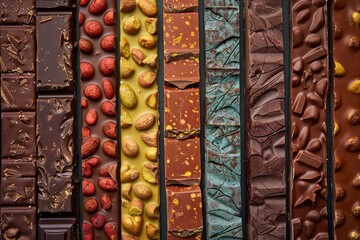 Aufkleber - Different types of chocolate bars neatly lined up in a row, showcasing a variety of flavors and types. Generative AI