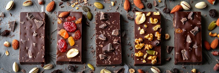 Wall Mural - Four chocolate bars adorned with nuts and dried fruits, showcasing rich textures and natural ingredients. Generative AI