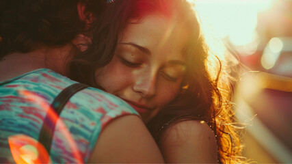 Wall Mural - A young woman clinging to her boyfriend, Photography, Bright scenery, Urban 