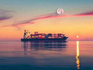 Dawn's Golden Glow: The Majestic Cargo Ship Under the Full Moon