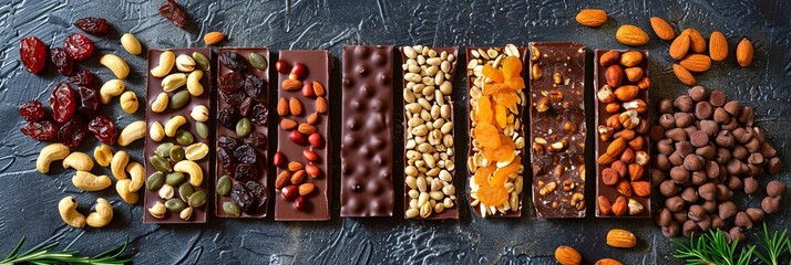 Aufkleber - A variety of food items, including chocolate bars, nuts, and dried fruits, displayed on a table. Generative AI