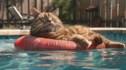 Poster - A chunky cat lounging on a pool float in a backyard swimming pool, looking relaxed and enjoying the cool water.
