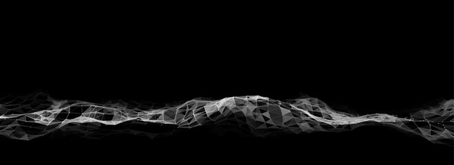 Abstract technology wave of particles. Big data visualization. Vector dark background with motion dots and lines. Artificial intelligence.
