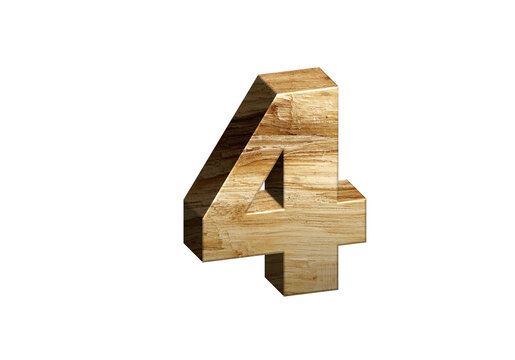 3d Wood Numbers, Alphabet Number Four made of wood material, high-resolution image of 3d font, ready to use for graphic design purposes