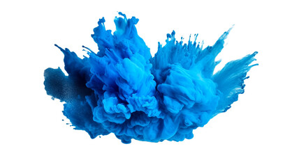 Color powder blue explosion splash of paint dust with particles cloud isolated on transparent png background.