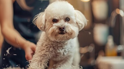 Wall Mural - Professional groomer attending to a Bichon Frise at a dog grooming salon, with a focus on the dogs fluffy coat and the salons modern amenities