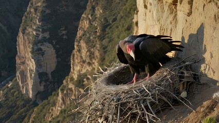 California Condor Gymnogyps californianus Nests on cliffs in North America. The bird is surrounded by a rocky cliff and a body of water